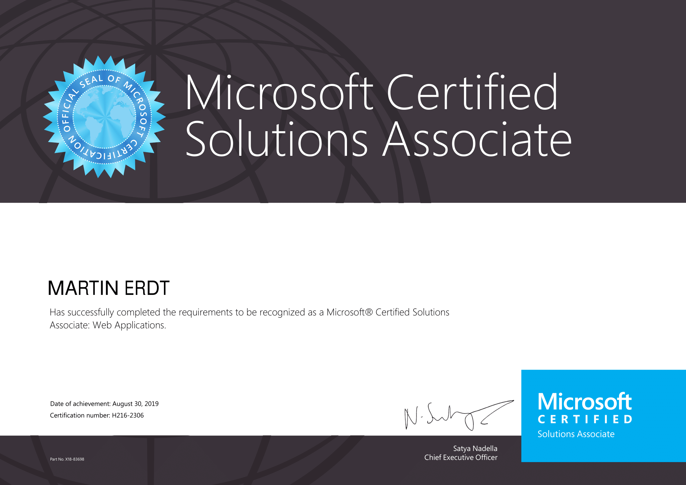 Martin Erdt - Microsoft MCSA: Web Applications - Certificate