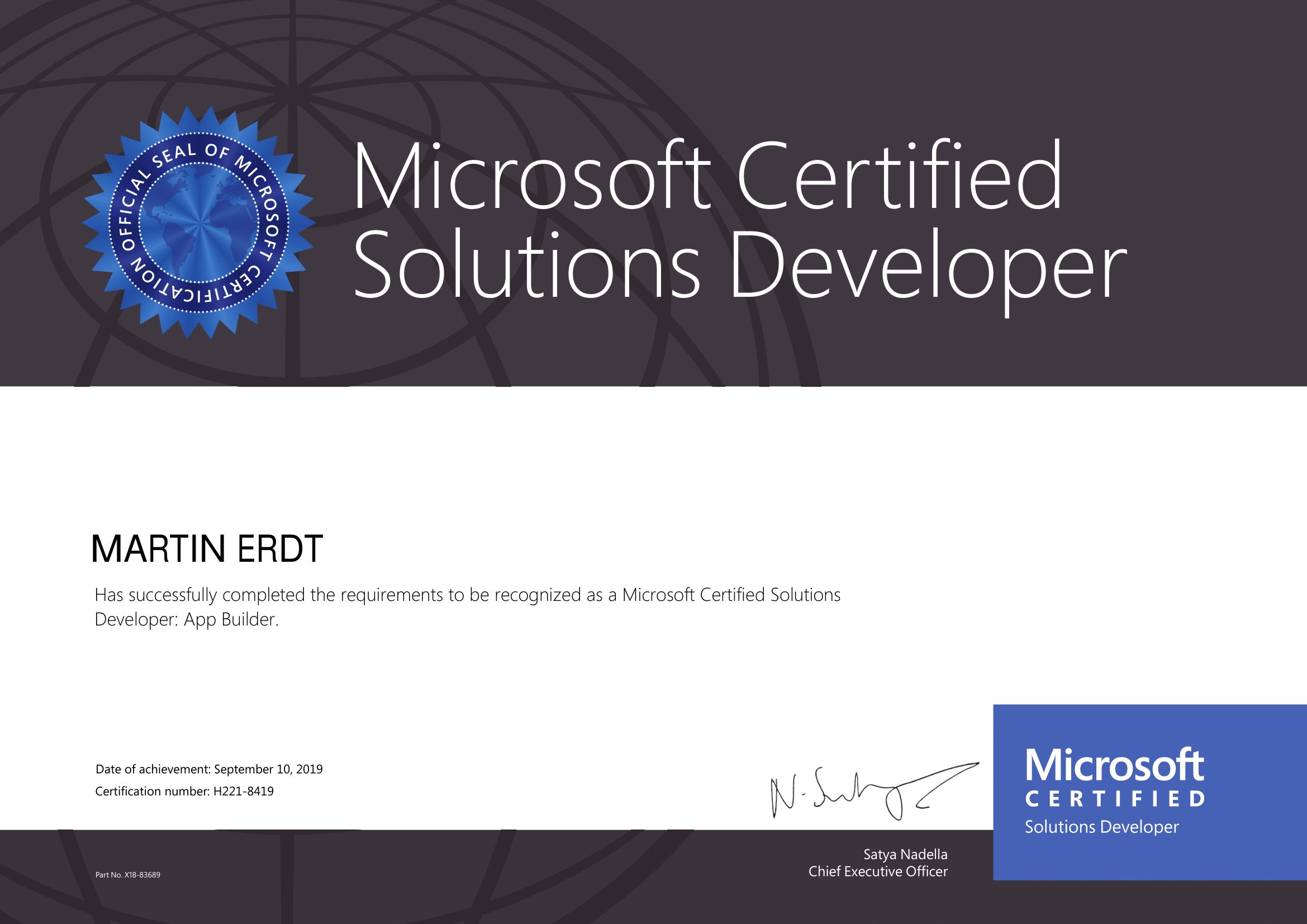 Martin Erdt - Microsoft MCSD: Web Applications - Certificate